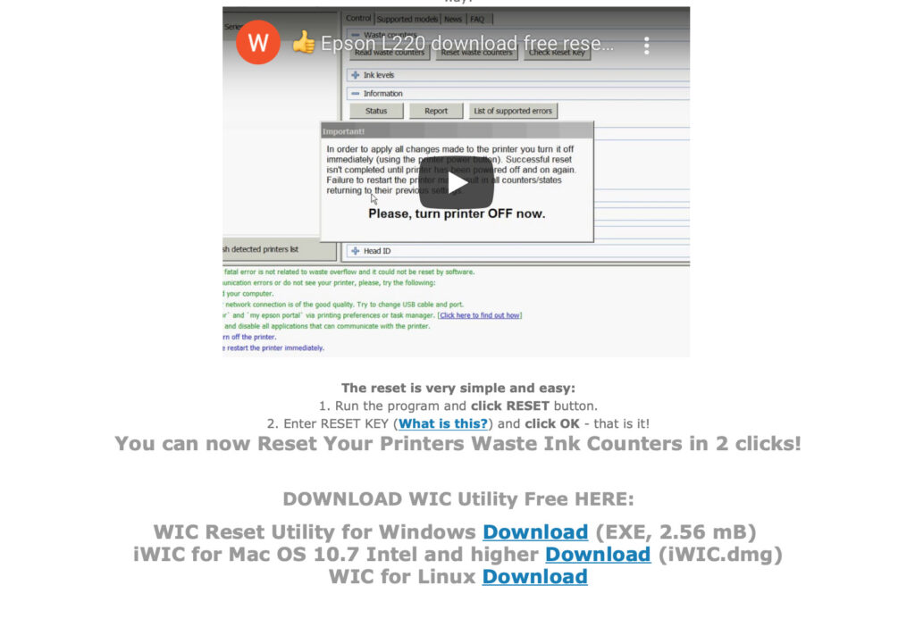 Waste Ink Pad Counter reset utility for Epson printers