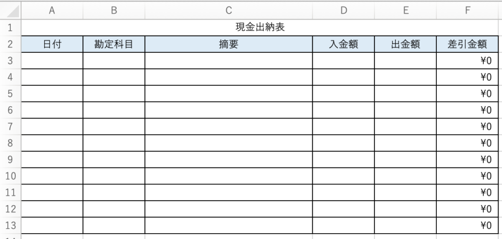 現金出納帳 - エクセル - フォーマット